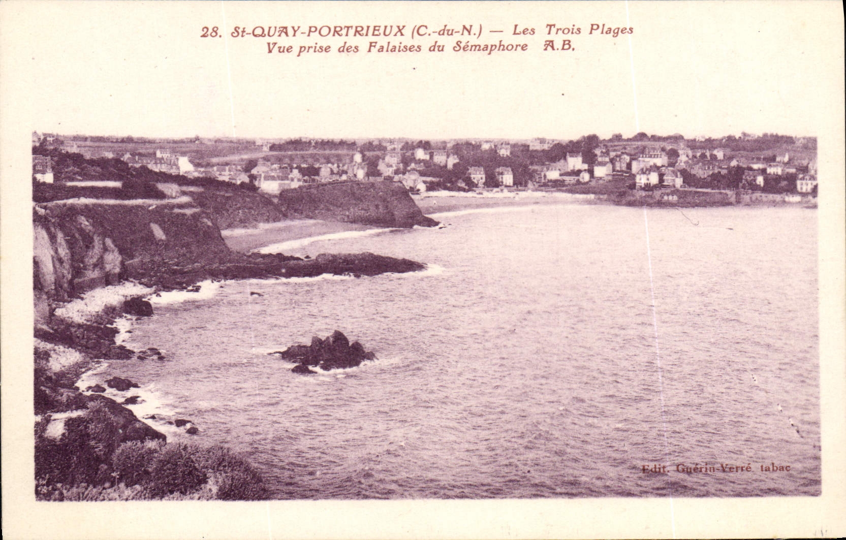 St-Quay-Portrieux (C.-du-N.) — Las Tres Playas — Vista tomada desde las Escolleras del Semáforo — Edit. Guérin-Verré tabac