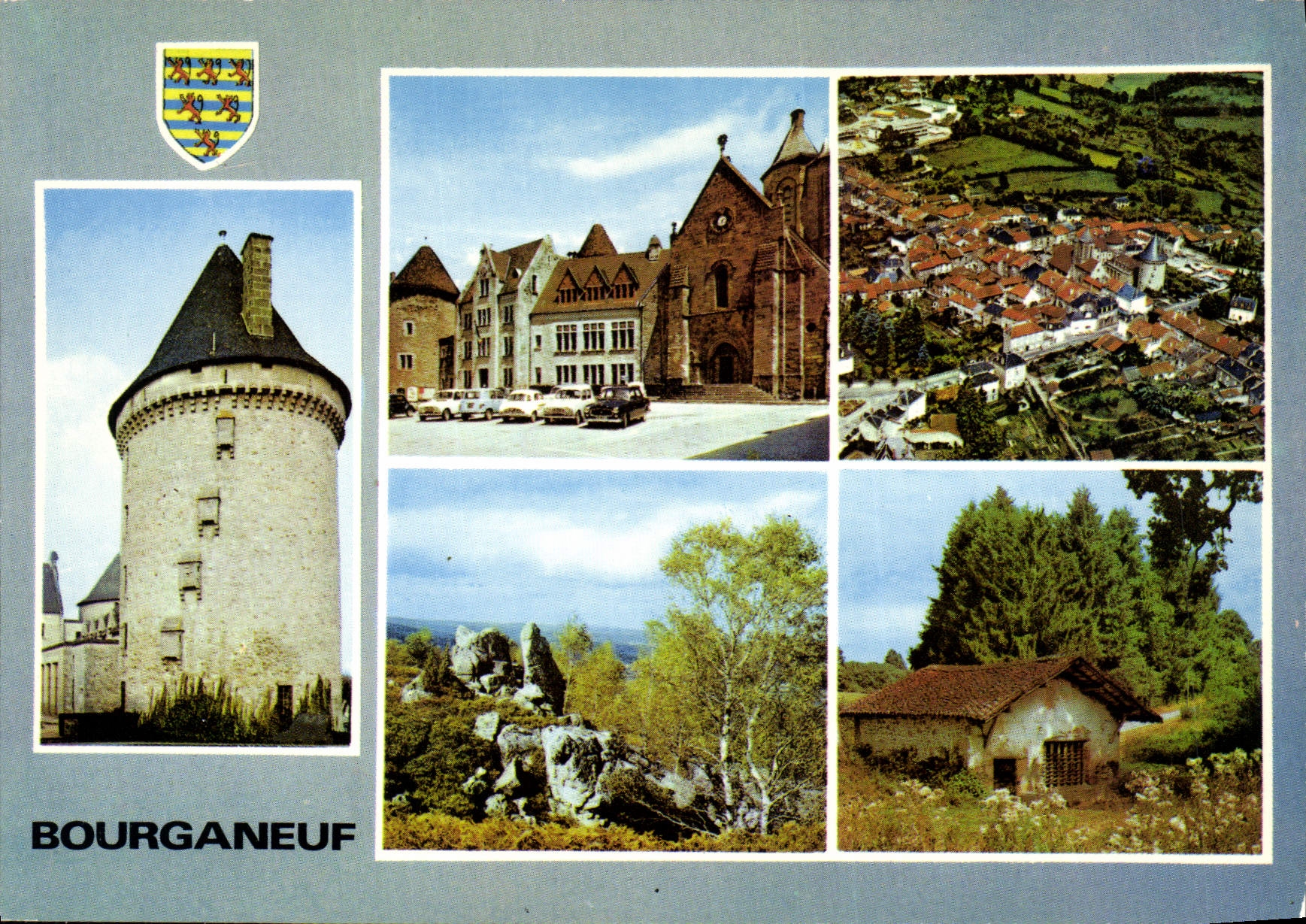 Bourgoneuf — vue panoramique avec château, église, village et paysages — éditeur CPADeCollection, n°28 - Recto