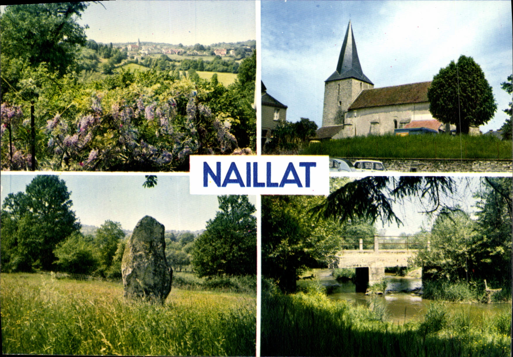 Naillat — vue panoramique avec église, pont, menhir et paysage — éditeur IRIS, n°6