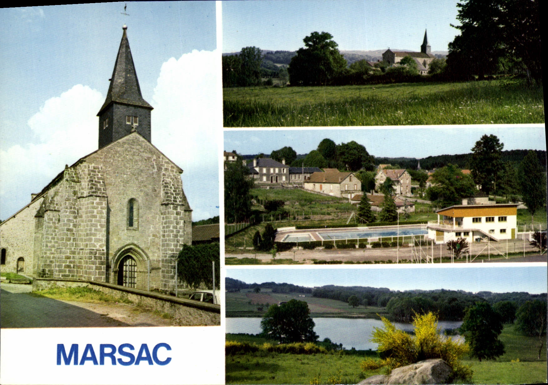 Marsac — Vue générale — église, piscine, mairie, étang — IRIS