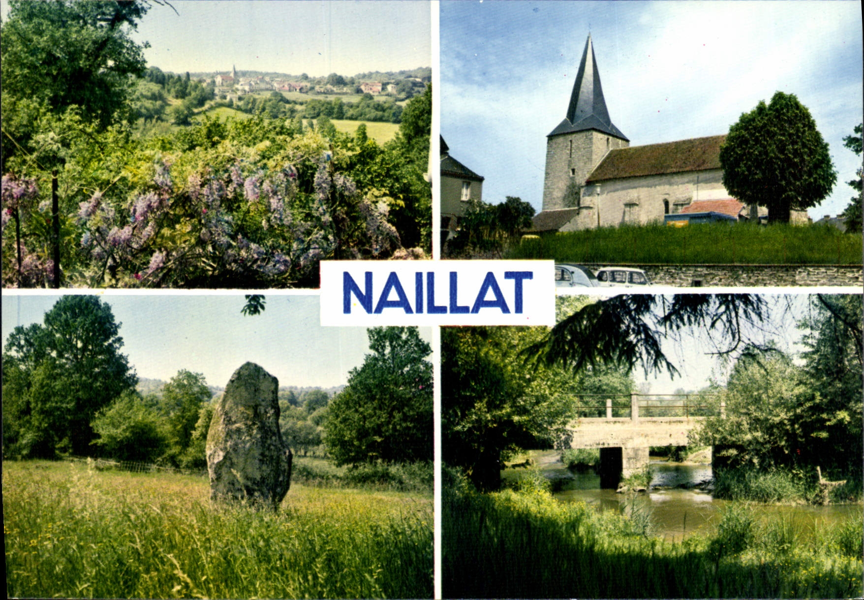 Naillat — vue panoramique avec église, pont, menhir et vues de campagne — éditeur IRIS, n°6 - Recto