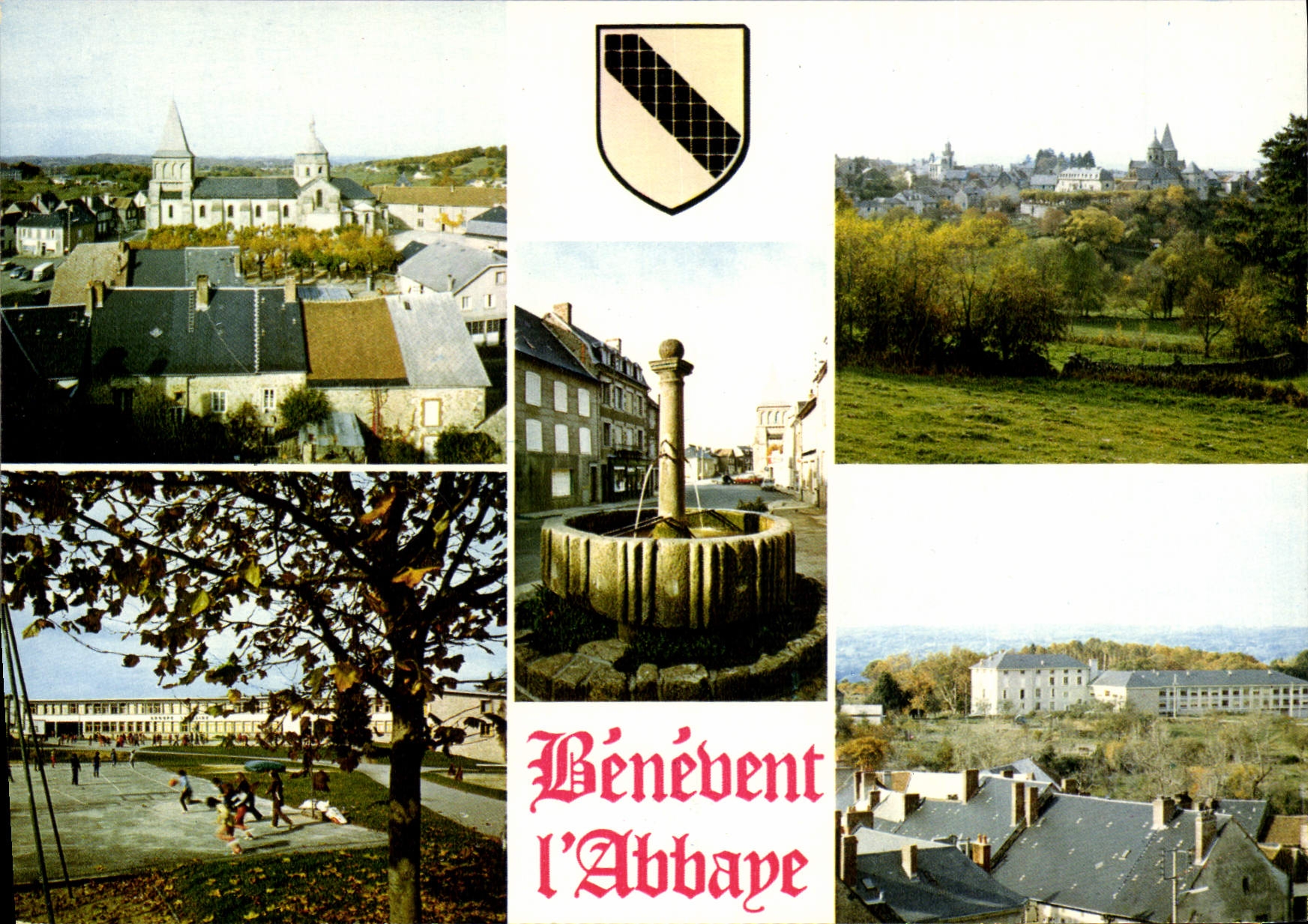 Bénévent-l'Abbaye — vue générale, groupe scolaire, fontaine, maison de retraite — Éditions Modernes & Théophile Limoges