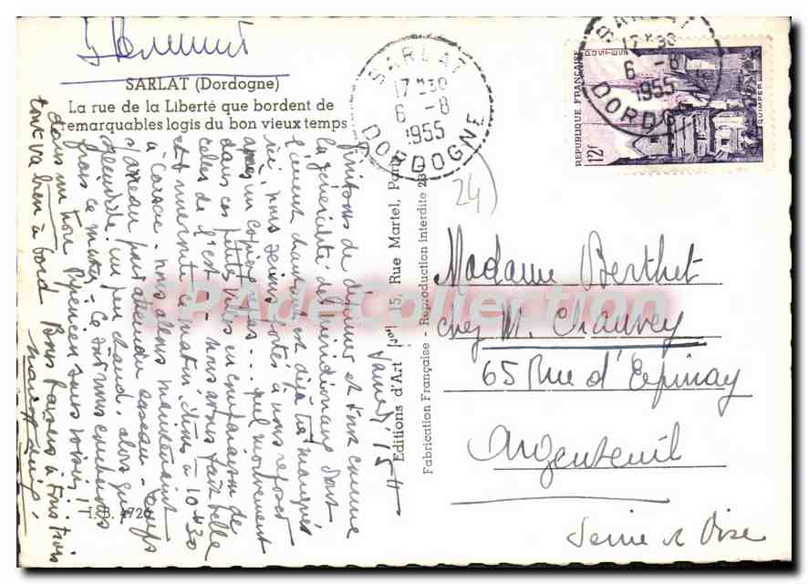 Sarlat-la-Canéda — rue de la Liberté mit alten Häusern und runder Turm — J. Son — Rückseite