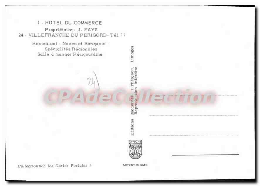 CPSM VILLEFRANCHE DU PERIGORD Hôtel du commerce — Verso
