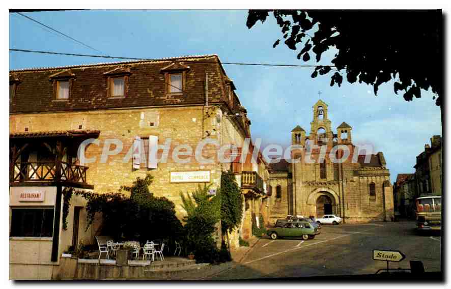 CPSM VILLEFRANCHE DU PERIGORD Hôtel du commerce église