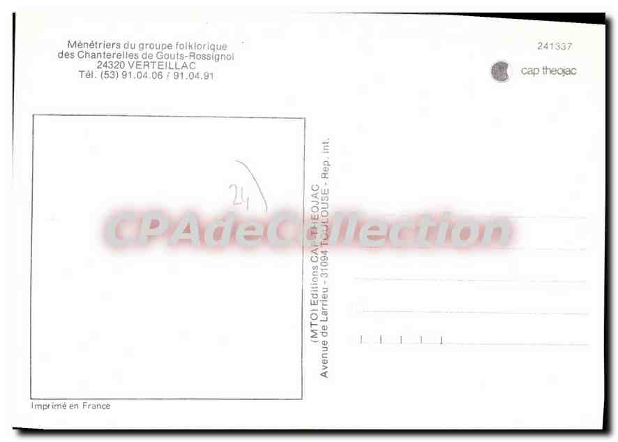 CPSM VERTEILLAC folklore chanterelles Gouts-Rossignol mènétriers — Verso