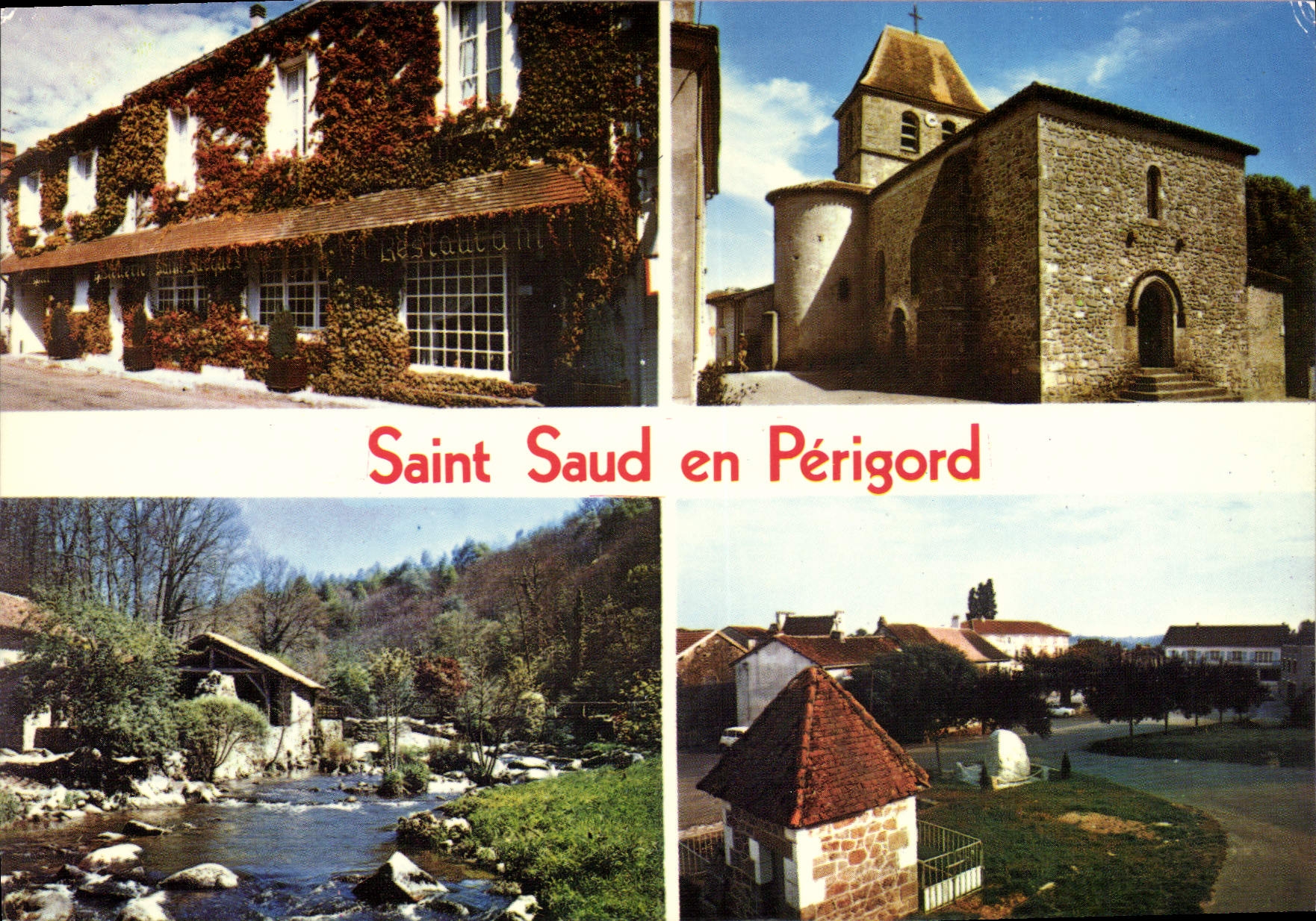 Saint Saud in Périgord — Ansicht der Stadt, Kirche, Bach und Denkmal — CPAdeThébixoc, Nr. 12 der Serie 87/350