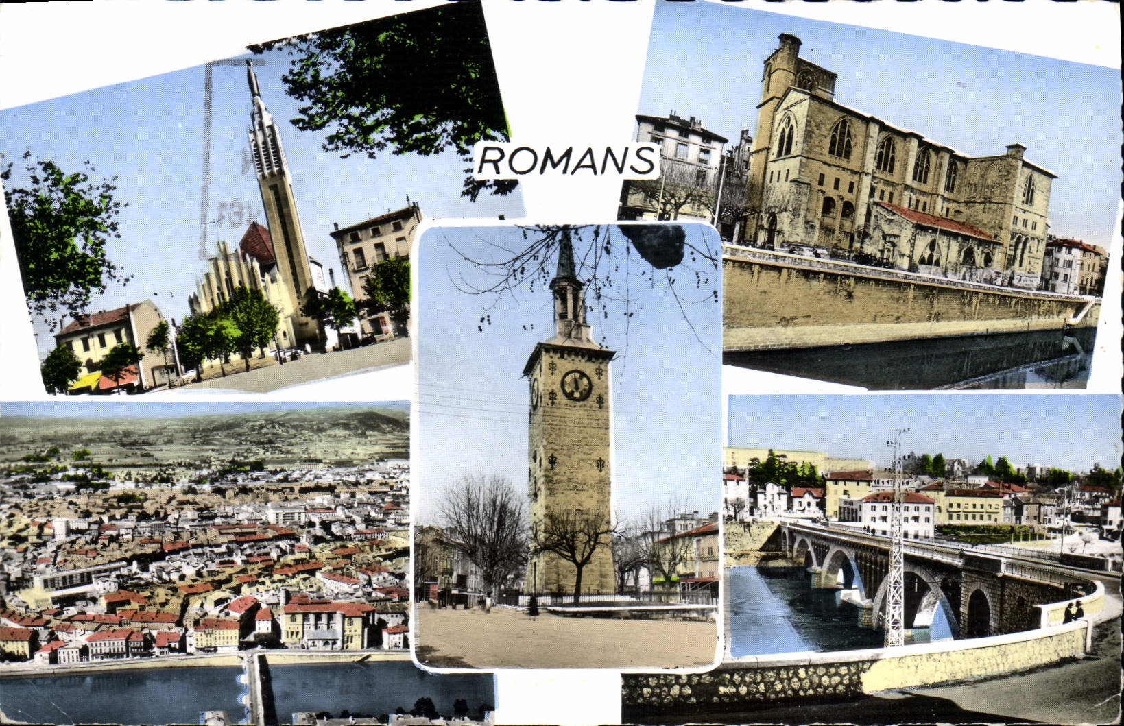 Romans-sur-Isère — vue panoramique avec église, clocher, pont et ville — Éditions J. Cellaud - Anverso