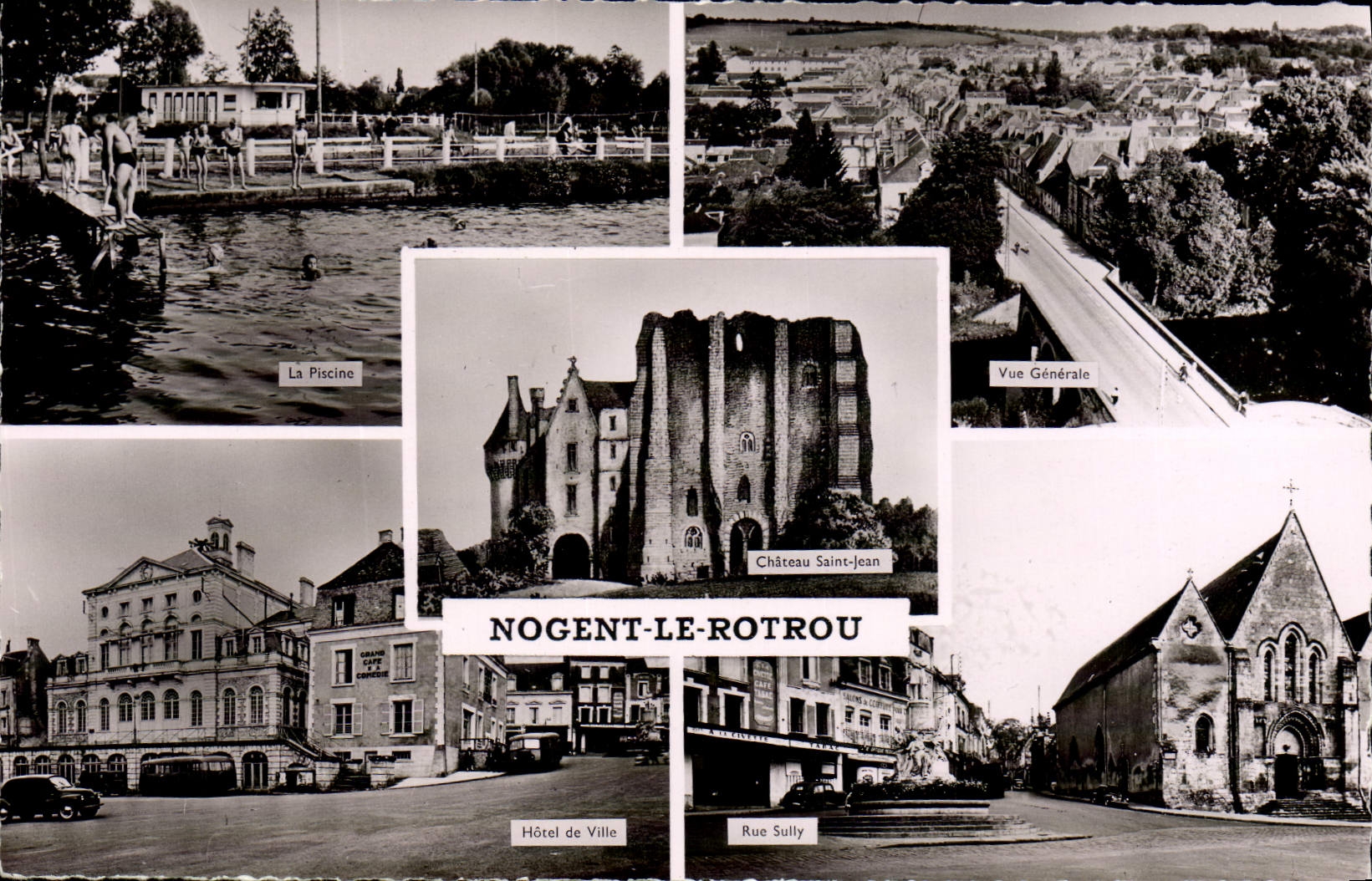 Nogent-le-Rotrou — Vista general, piscina, castillo Saint-Jean, ayuntamiento, rue Sully — Edición E. Mignon - Anverso