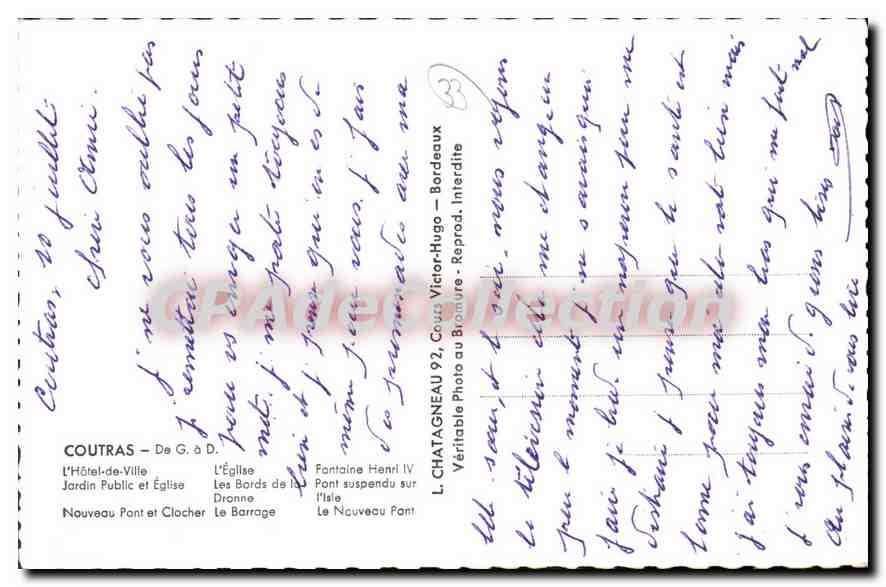 COUTRAS — Collage de monuments et paysages — L. CHATAGNEAU, 92, Cour-sous-Bordeaux — Verso