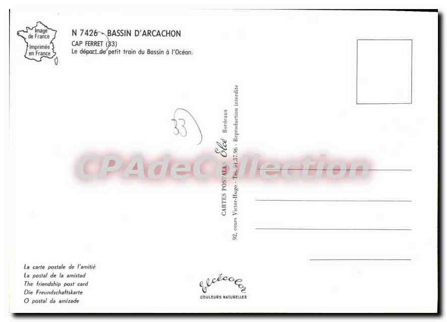 Bassin d'Arcachon — Départ du petit train vers l'océan — Éditeur Elcé, n° 7426 — Reverso