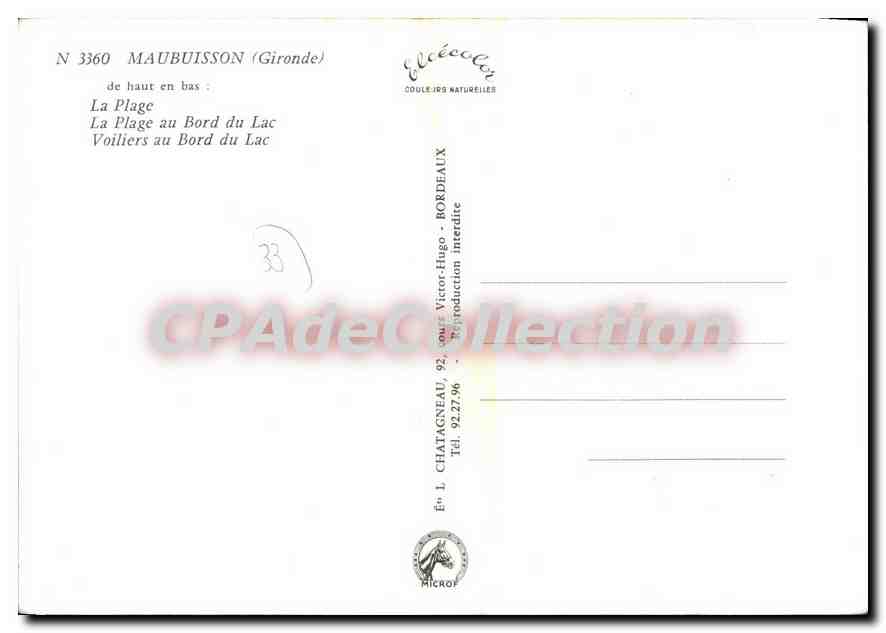 Maubuisson — Plage et voiliers au bord du lac — Éditeur Chataigneau — Reverso