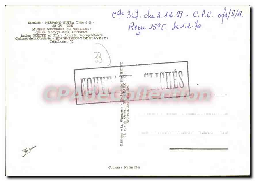 Château de la Corderie — Hispano-Suiza Type 6 B — Éditions « La Cigogne » — Back