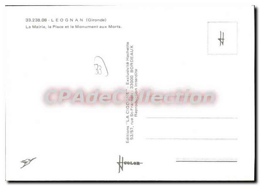 Léognan — vue de la mairie, de la place et du monument aux morts — Editions LA CIGOGNE — Verso