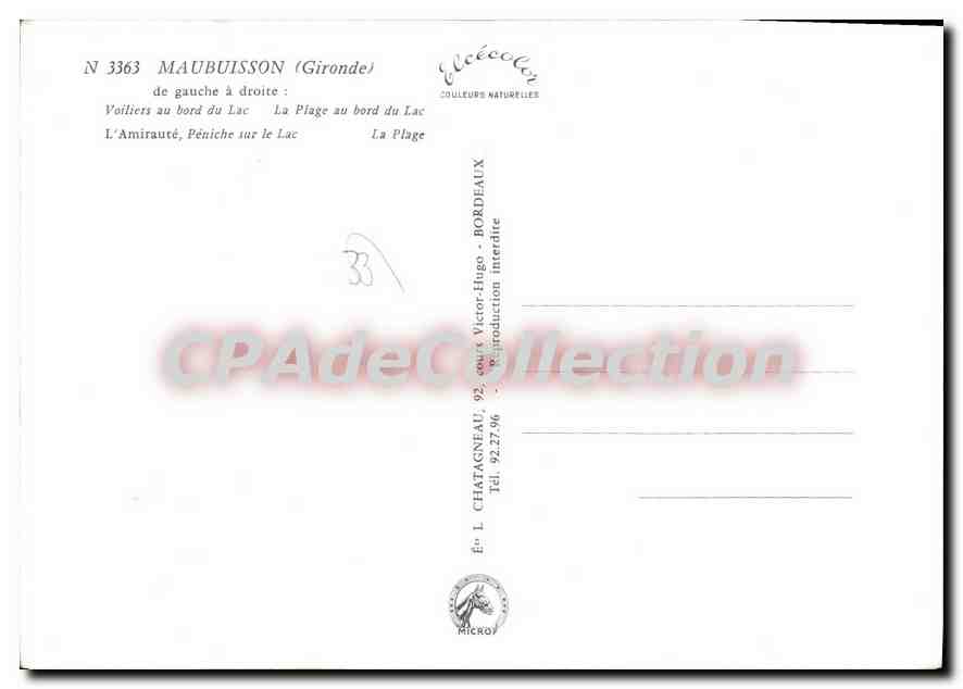 Maubuisson — Souvenir de Maubuisson — Éditeur L. Chatagnéau, Bordeaux — Verso
