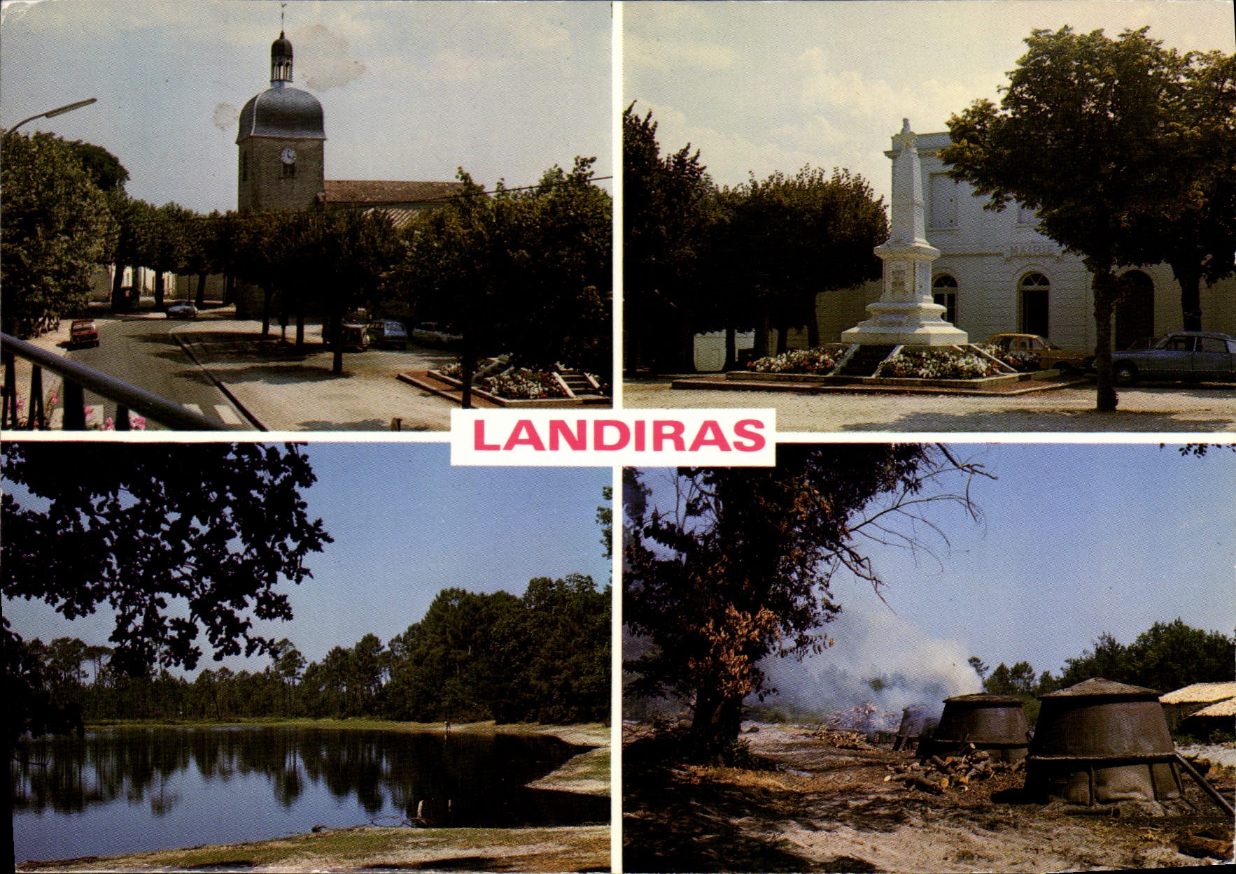 Landiras — vue de l'église, du monument aux morts, d'un étang et d'une charbonnière — éditeur Couleurs Naturelles, n° 6623