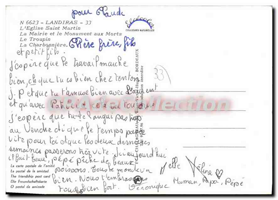 Landiras — vue de l'église, du monument aux morts, d'un étang et d'une charbonnière — éditeur Couleurs Naturelles, n° 6623 — Verso