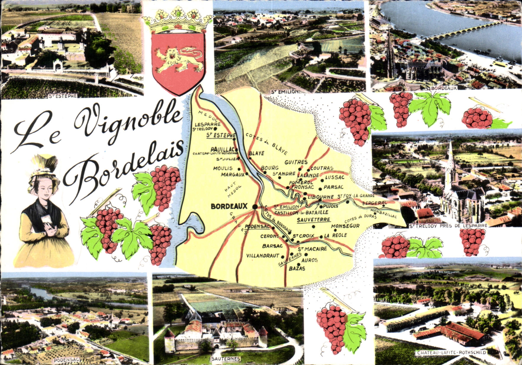Le Vignoble Bordelais — Carte postale illustrée avec carte et vignettes de vignobles — éditeur : Combier, n° 501