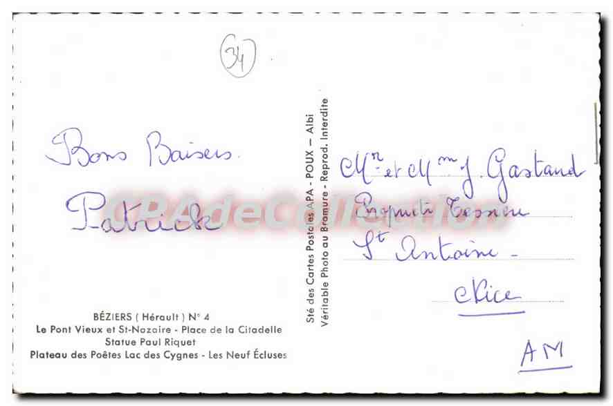 Béziers — Souvenir — Sté des Cartes Postales APA — Reverso