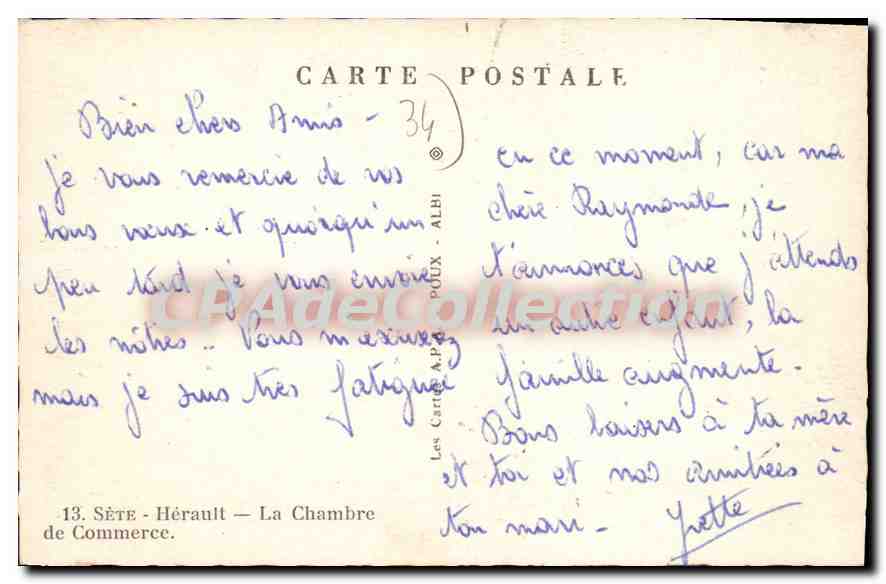La Chambre de Commerce de Sète — Hérault — éditeur Les Cartes A.P. POUX — Verso