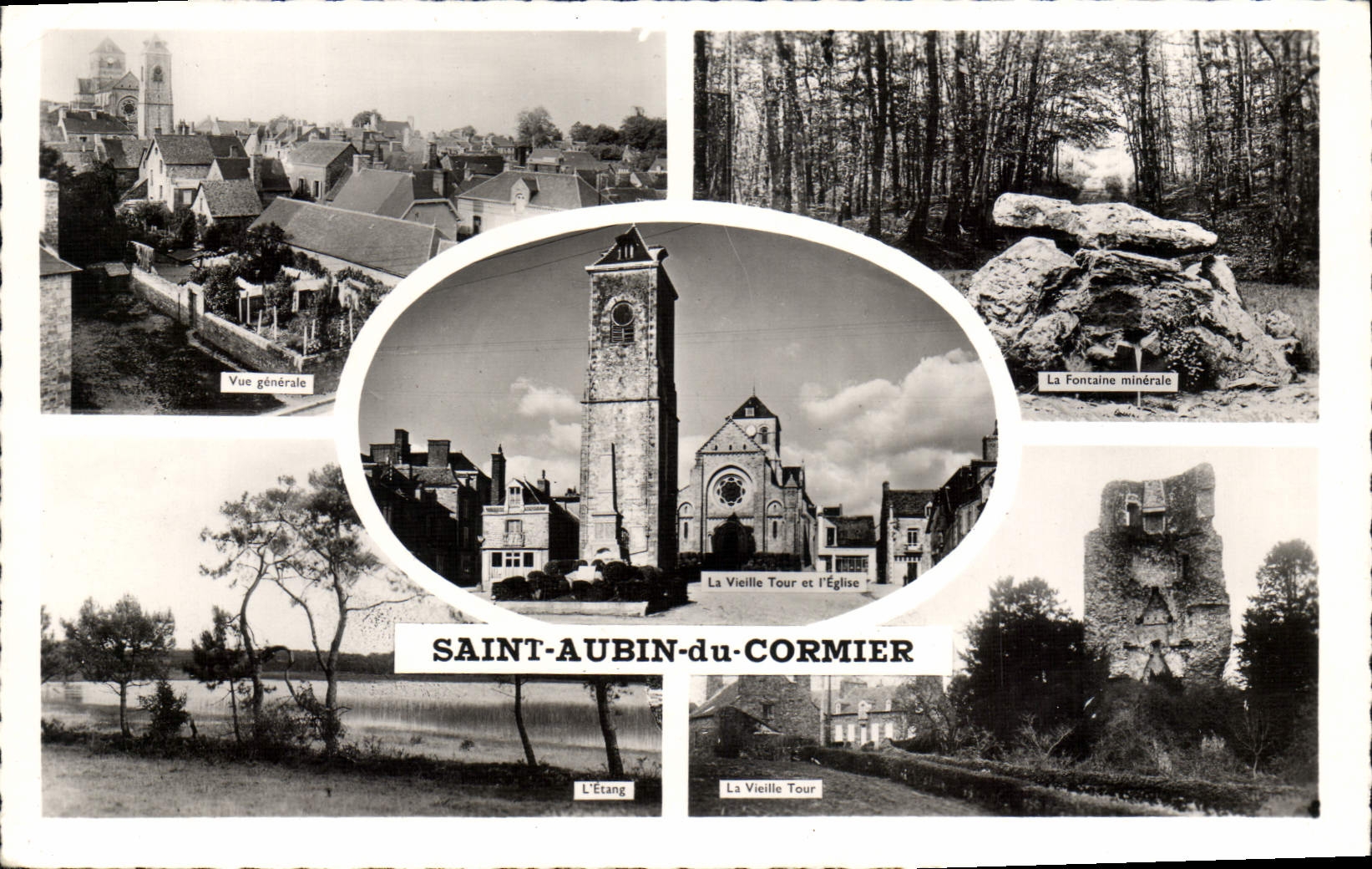 Saint-Aubin-du-Cormier — vue générale, la vieille tour, l'église, l'étang, la fontaine minérale — Éditeurs ARTAUP frères et fils, Nantes - Anverso