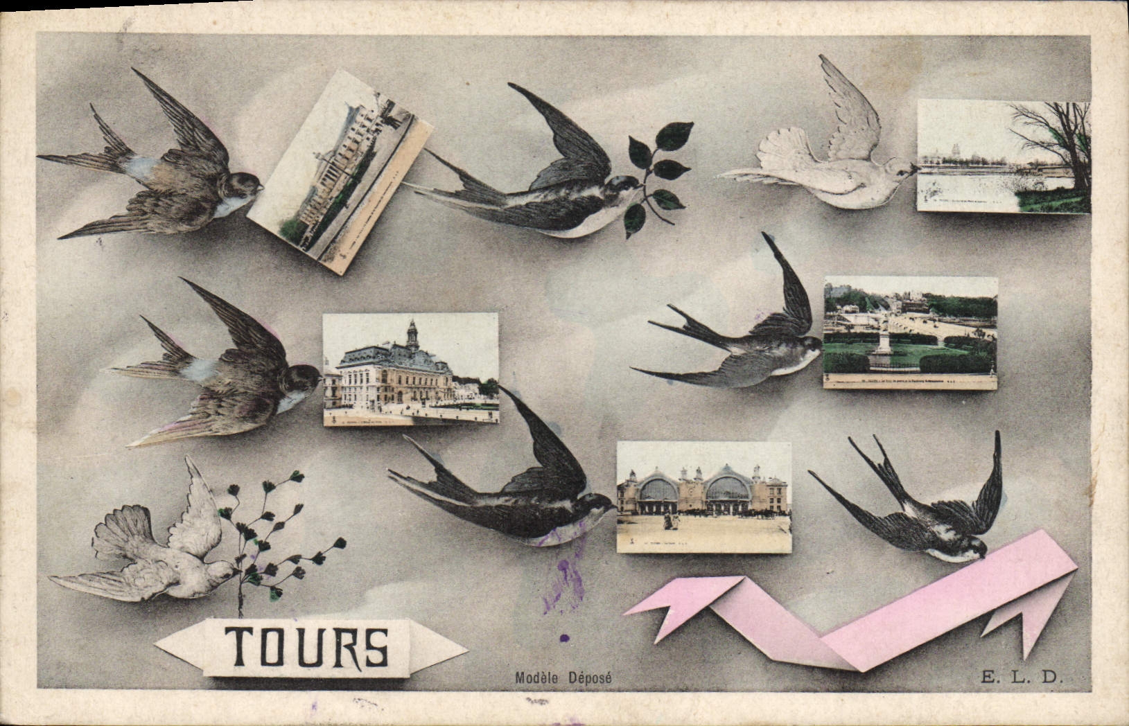 Tours — oiseaux et vignettes de sites — E.L.D. Modèle Déposé - Recto