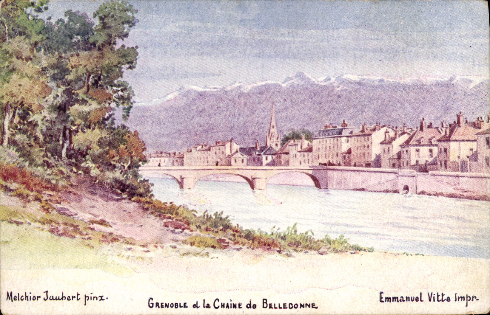Grenoble et la Chaîne de Belledonne — vue avec pont — Emmanuel Vitte Impr.
