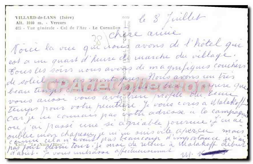 Villard-de-Lans (Isère) — General View — Col de l'Arc — Le Cornafion — Vintage Postcard/Antique Ansichtskarte — Back