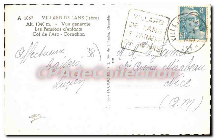 Villard-de-Lans (Isère) — Vue générale — Les Pensions d'enfants — Édition La Cigogne — Verso