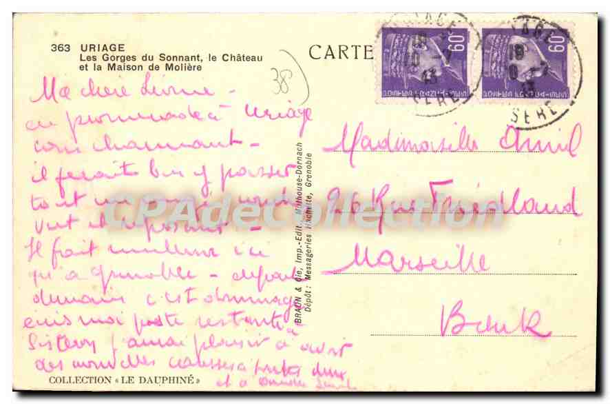 Les Gorges du Sonnant, le Château et la Maison de Moitière — URIAGE — Imp. & Mes. Edit. Dornach — Verso
