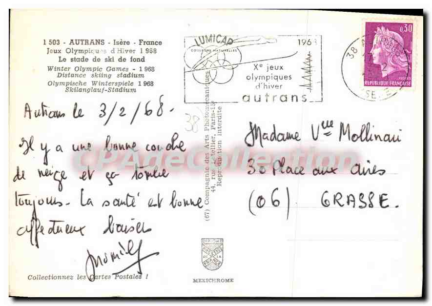 Autrans — Course de ski de fond aux Jeux Olympiques d'Hiver 1968 — éditeur MEXICHROME, n° 1503 — Verso