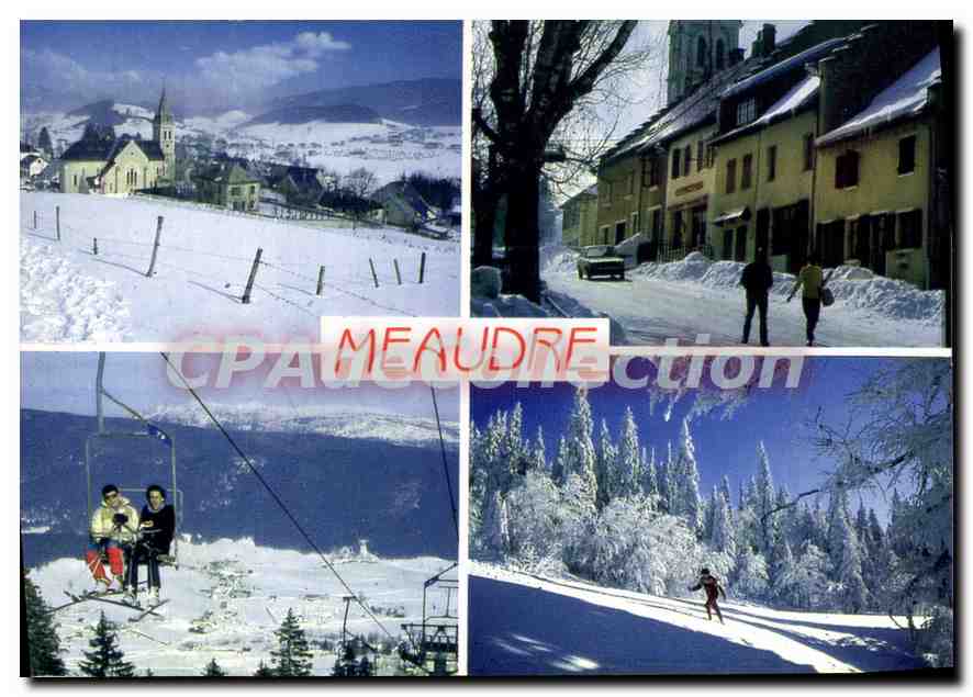 Meaudre (Isère) — Ansicht eines verschneiten Dorfes, Kirche, Straße, Seilbahn und Skifahrer — Verlag IRIS Mexichrome