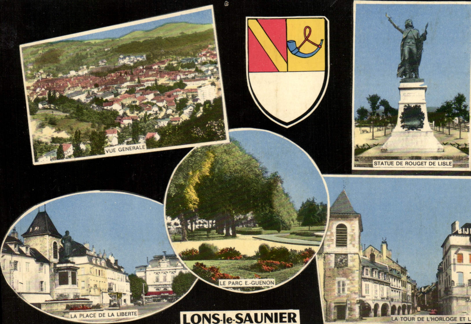 Lons-le-Saunier — Vue générale, statue de Rouget de Lisle, parc E.-Guenon, place de la Liberté, tour de l'horloge — Éditeur : Porte du Jura Touristique - Anverso