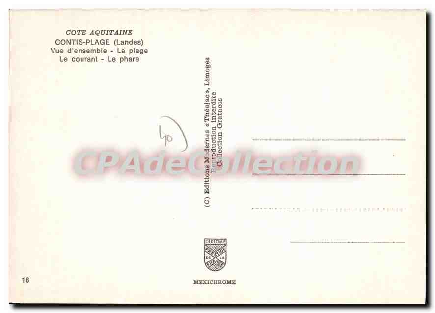 Contis-Plage — vue d'ensemble et phare — Editions Modernes Théojac, Limoges — Verso