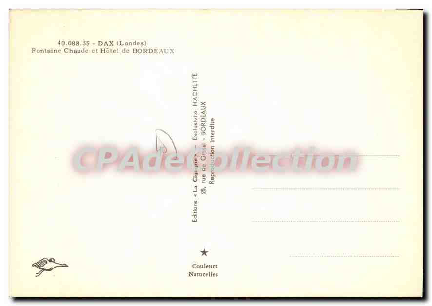 CPSM Dax Fontaine Chaude Et Hotel De Bordeaux — Verso