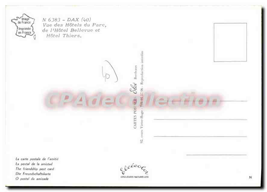 Hôtel Bellevue — Dax (40) — Éditeur: Cartes Postales Imprimées en France — Reverso