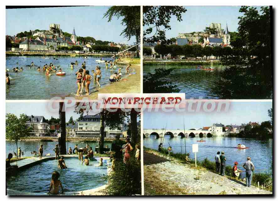 Montrichard — Plage sur le Cher, pont et église Sainte-Croix — Éditions LECONTE