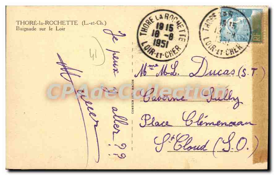 Thoré-la-Rochette — baignade sur le Loir — CPAdeCollection — Verso