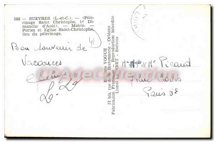 Suevres — Peregrinación de San Cristóbal — Ayuntamiento y iglesia — Ediciones VOGUE — Reverso