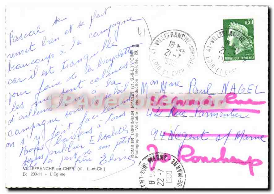 CPSM Villefranche sur Cher L'Eglise — Verso