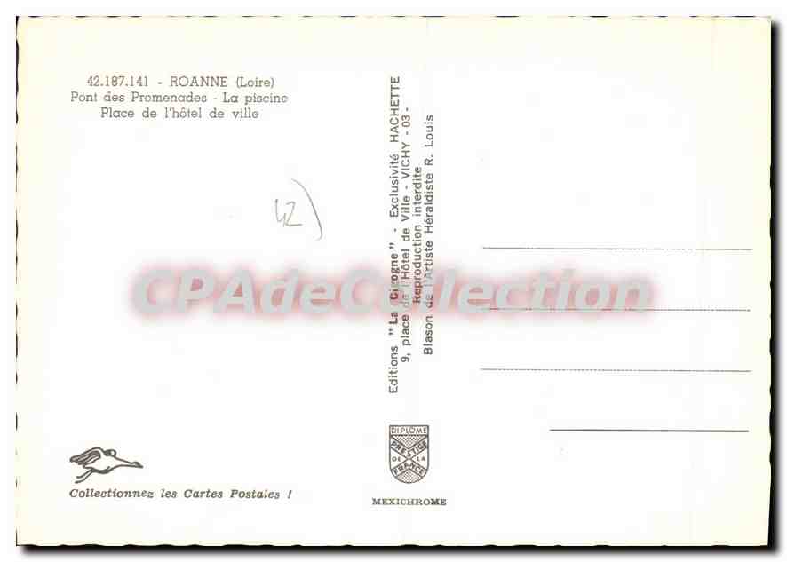 Roanne — Vue aérienne, piscine, place de l'hôtel de ville — Éditions 'La Promenade' Hachette — Verso