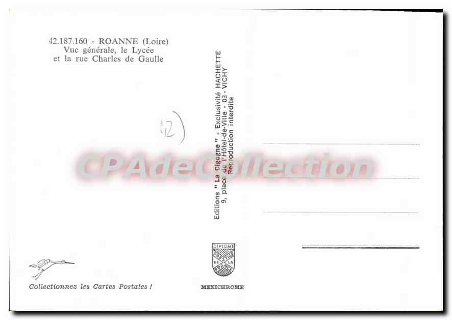 Roanne (Loire) — Vue générale, le Lycée et la rue Charles de Gaulle — Éditions 'La Géographe' Hachette — Verso