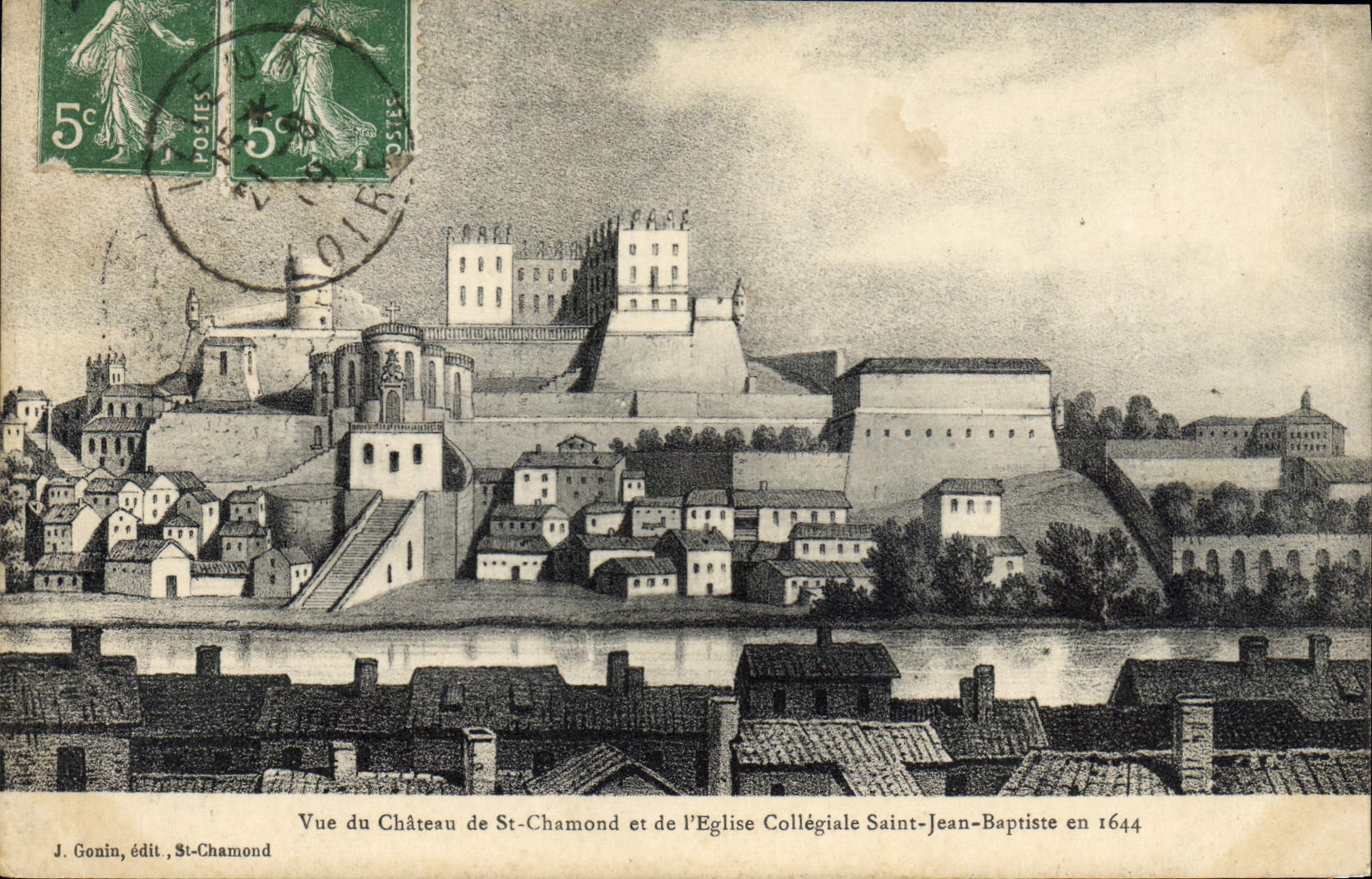 Vue du Château de St-Chamond et de l'Église Collégiale Saint-Jean-Baptiste en 1644 — J. Gonin, édit. St-Chamond