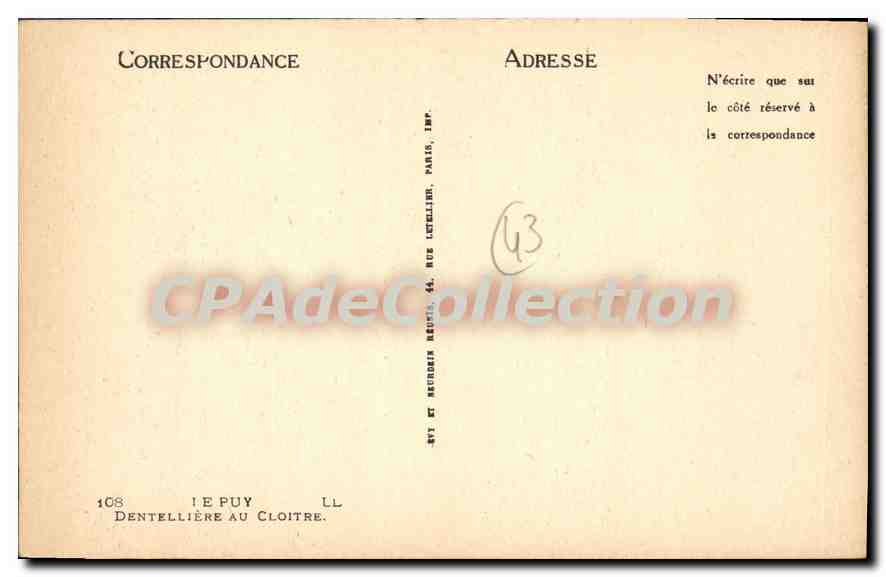 Femme assise dans un cloître — Le Puy — Dentellière, n°43 — Verso