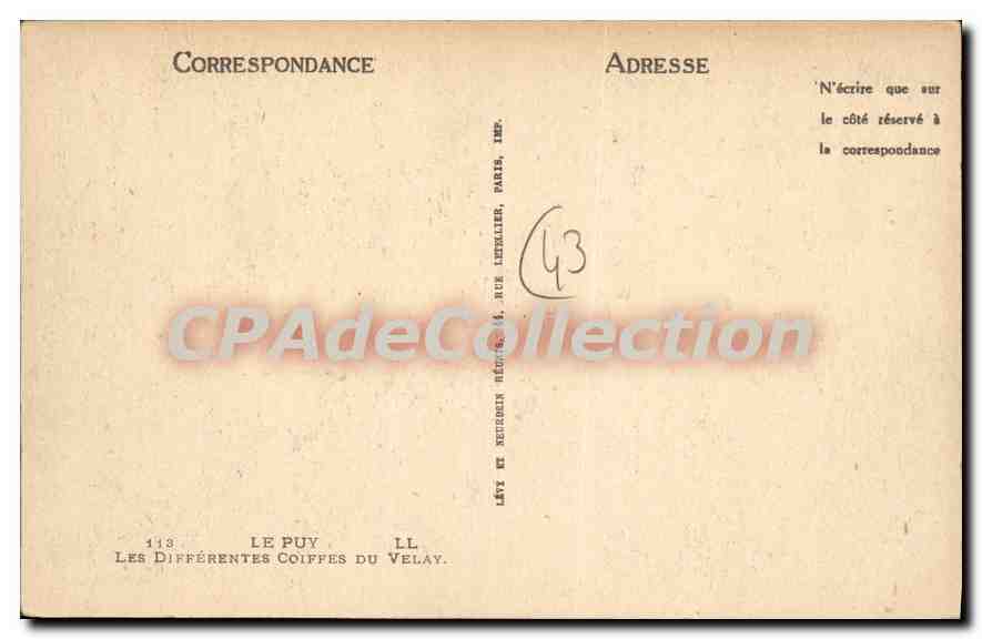 Les différentes coiffes du Velay — 113, rue Neubourg, Le Puy — éditeur non visible — Verso