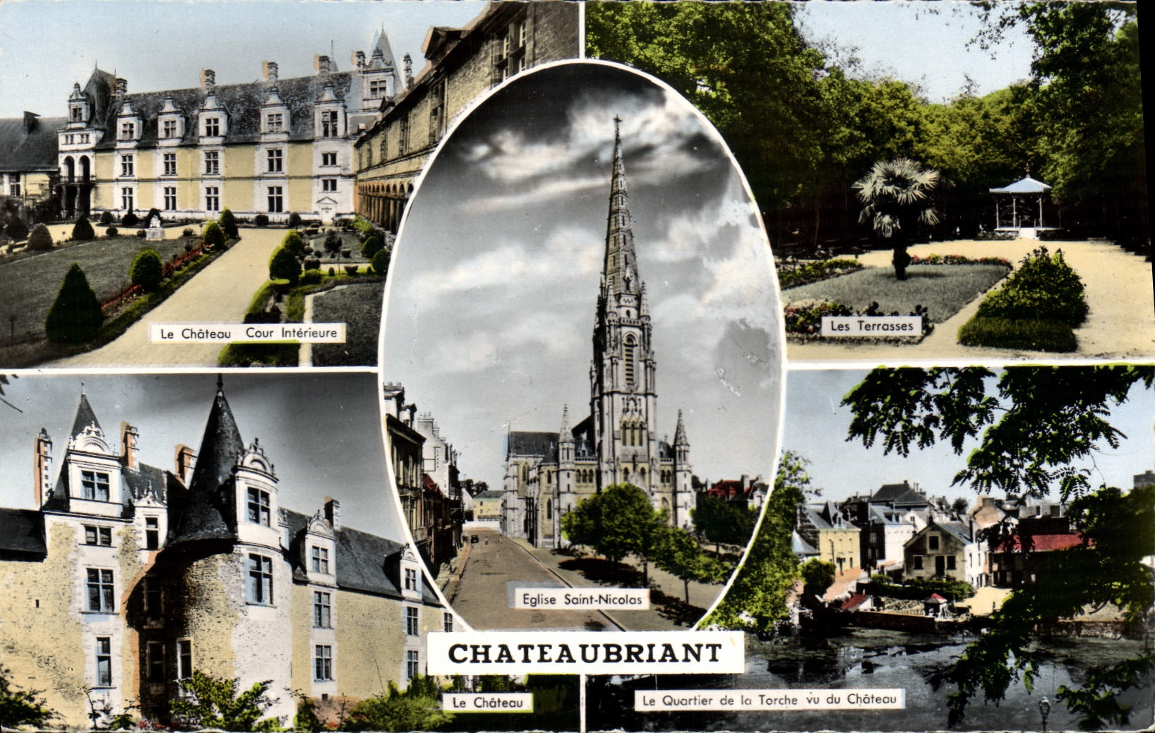 Châteaubriant — vue panoramique avec château, église Saint-Nicolas et quartier de la Torche — Éditions ARTAUD Frères et Fils, Nantes - Recto