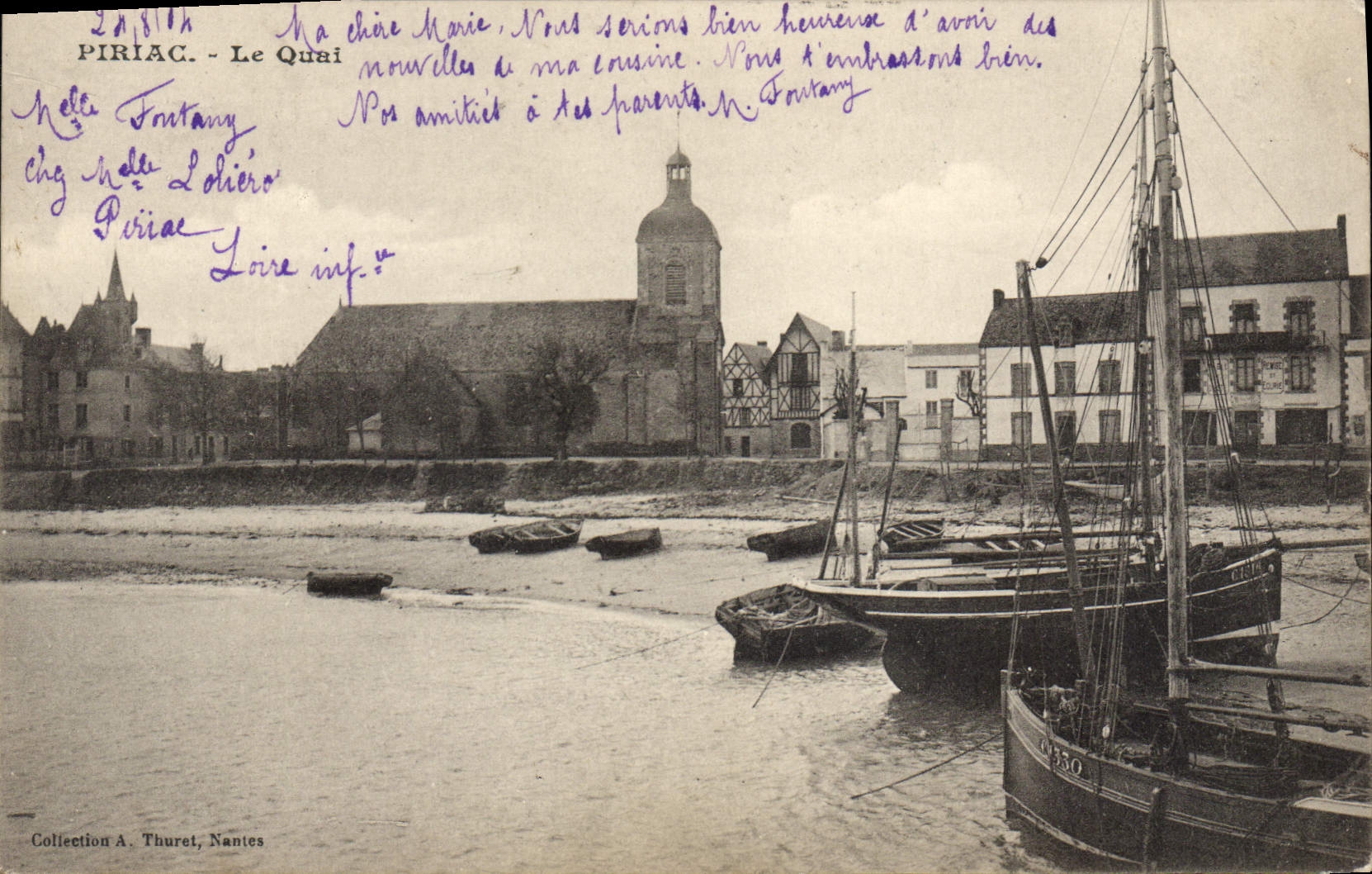 Piriac - Le Quai — vue du port avec bateaux et église — Collection A. Thuret, Nantes - Anverso