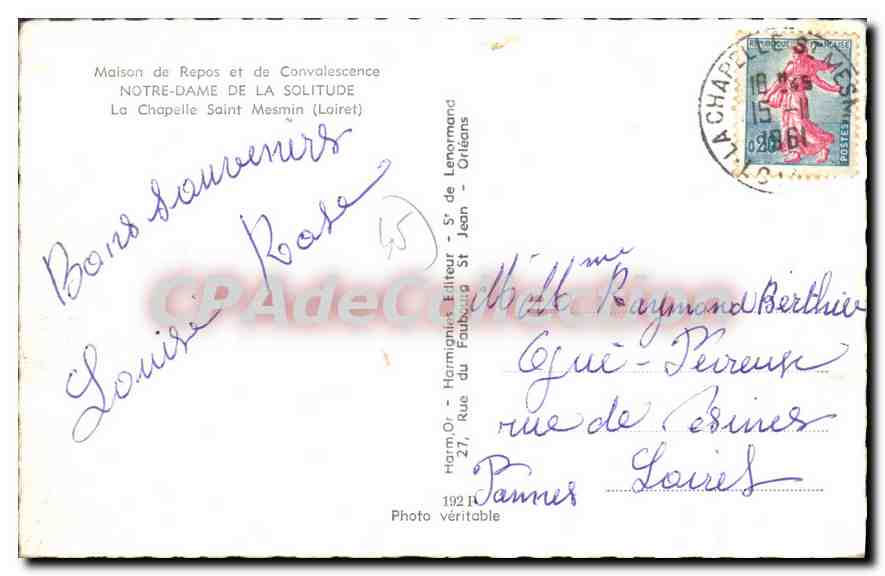 CPA Notre Dame De la Solitude La Chapelle Saint Mesmin — Rückseite