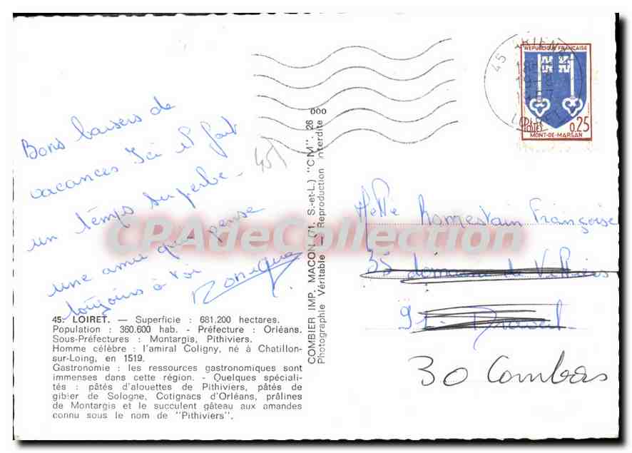 Le Loiret — Carte postale panoramique avec carte et sites touristiques — IMP. MACON (45) — Verso