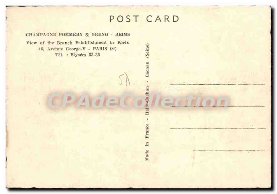 Vue de l'établissement de la maison Pommery & Greno à Paris — 46, Avenue George-V — éditeur inconnu — Rückseite